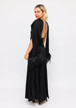 Load image into Gallery viewer, Vintage 70s Feather Scarf Evening Black Dress

