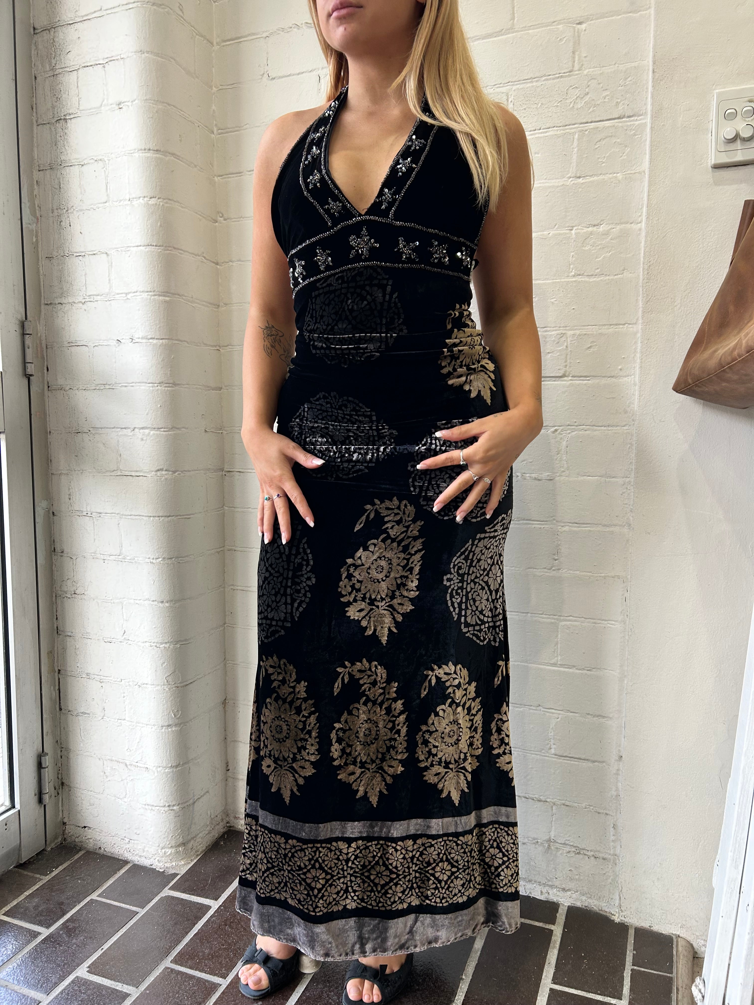 Vintage Oriental Printed Velvet Dress