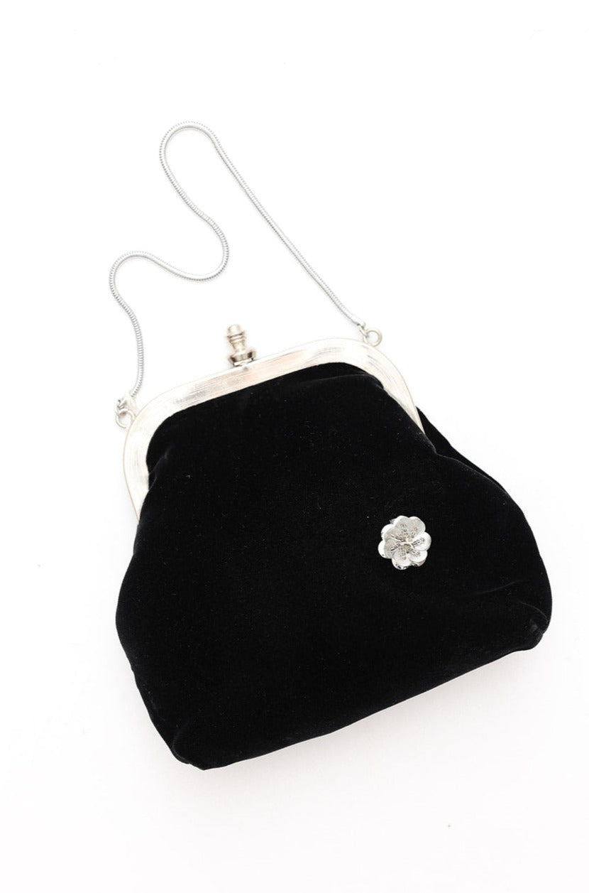 Vintage Black Velvet Beaded Flower Detail Bag