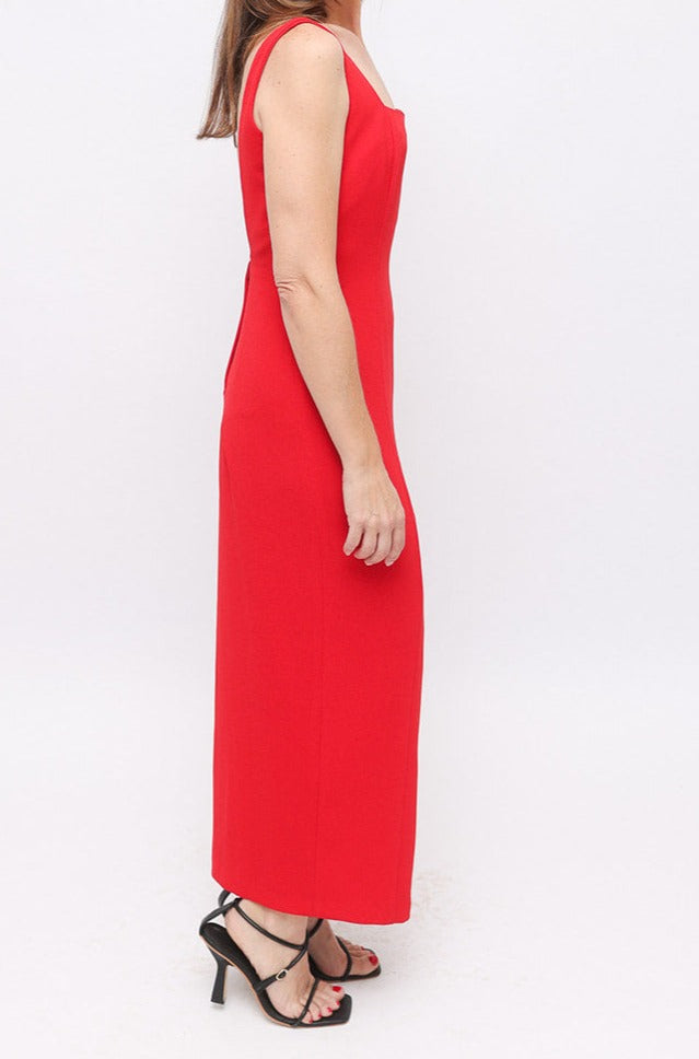 red dress cue Cue Spliced Asymmetrical Draped Midi Dress in Dark Red