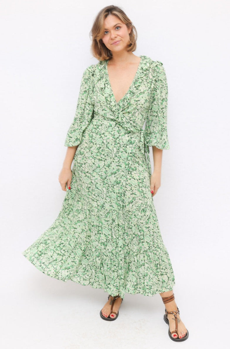 Rixo Green Floral Wrap Dress
