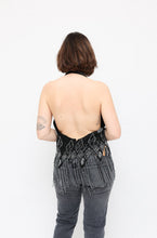 Load image into Gallery viewer, Vintage Black Beaded Low Back Tassel Halter Top
