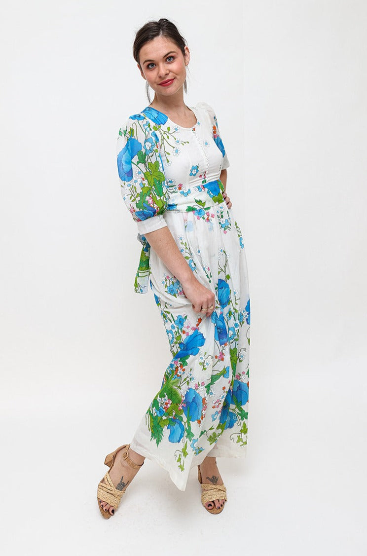 1970s Vintage Floral Puff Sleeve Maxi Dress