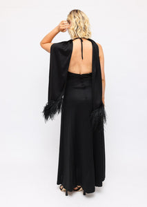 Vintage 70s Feather Scarf Evening Black Dress / Sammy and Sid Vintage 70s Feather Scarf Evening Black Dress / Sammy and Sid