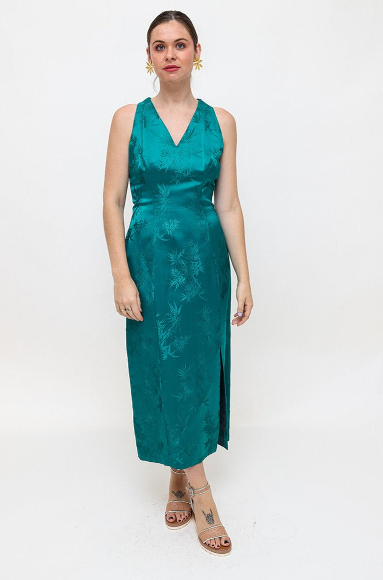Vintage Emerald Oriental Print Dress