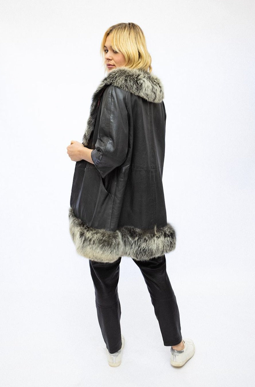 1960's Charcoal Leather & Fur Trim Jacket