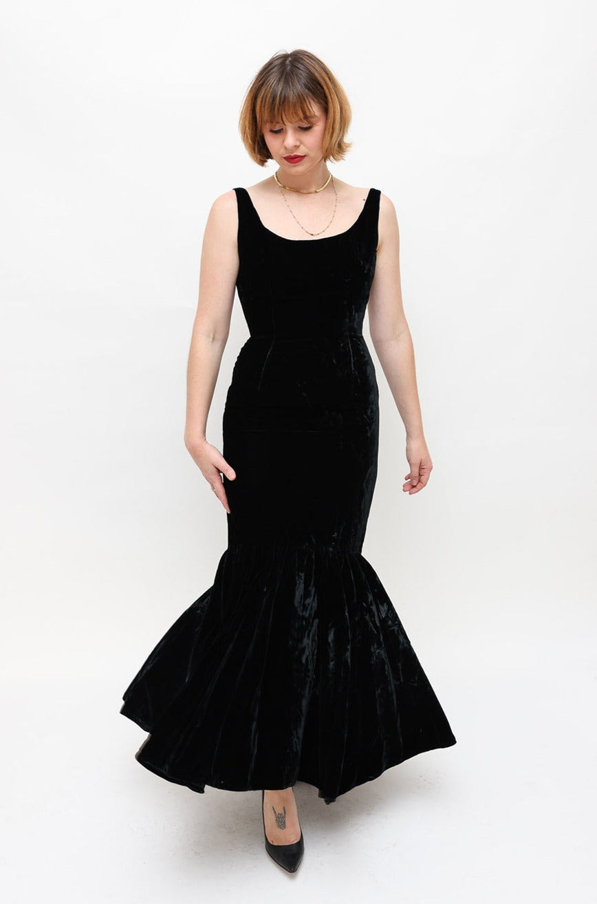 Vintage Black Velvet 1950s Evening Gown