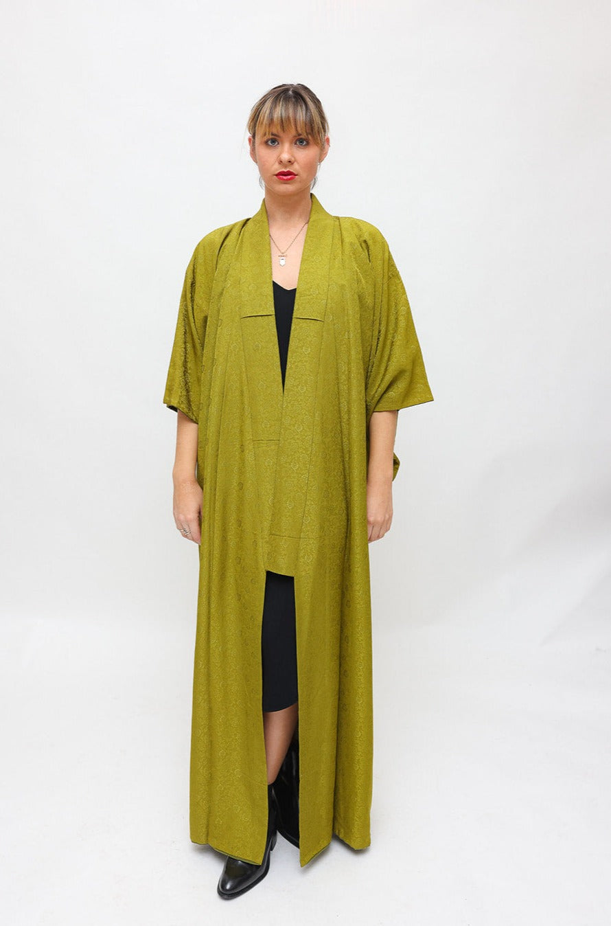 Vintage Long Olive Green silk Kimono
